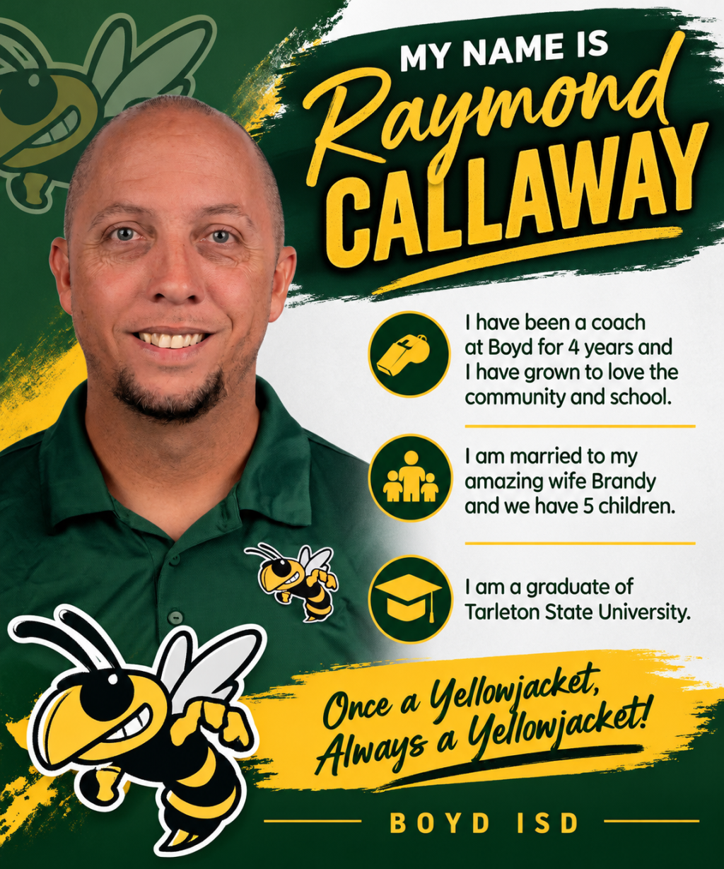 A promotional graphic introduces Coach Raymond Callaway of Boyd ISD, featuring his photo, personal background details, and school mascot graphics.